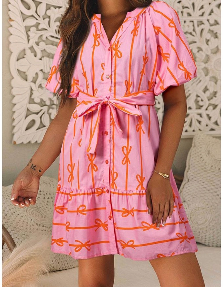 Pink Bowknot Striped Printed Bubble Sleeve Buttoned Belted Mini Dress