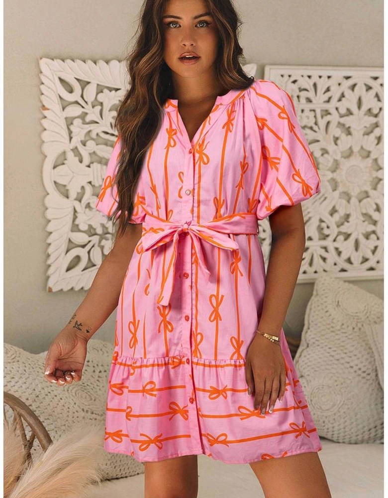 Pink Bowknot Striped Printed Bubble Sleeve Buttoned Belted Mini Dress