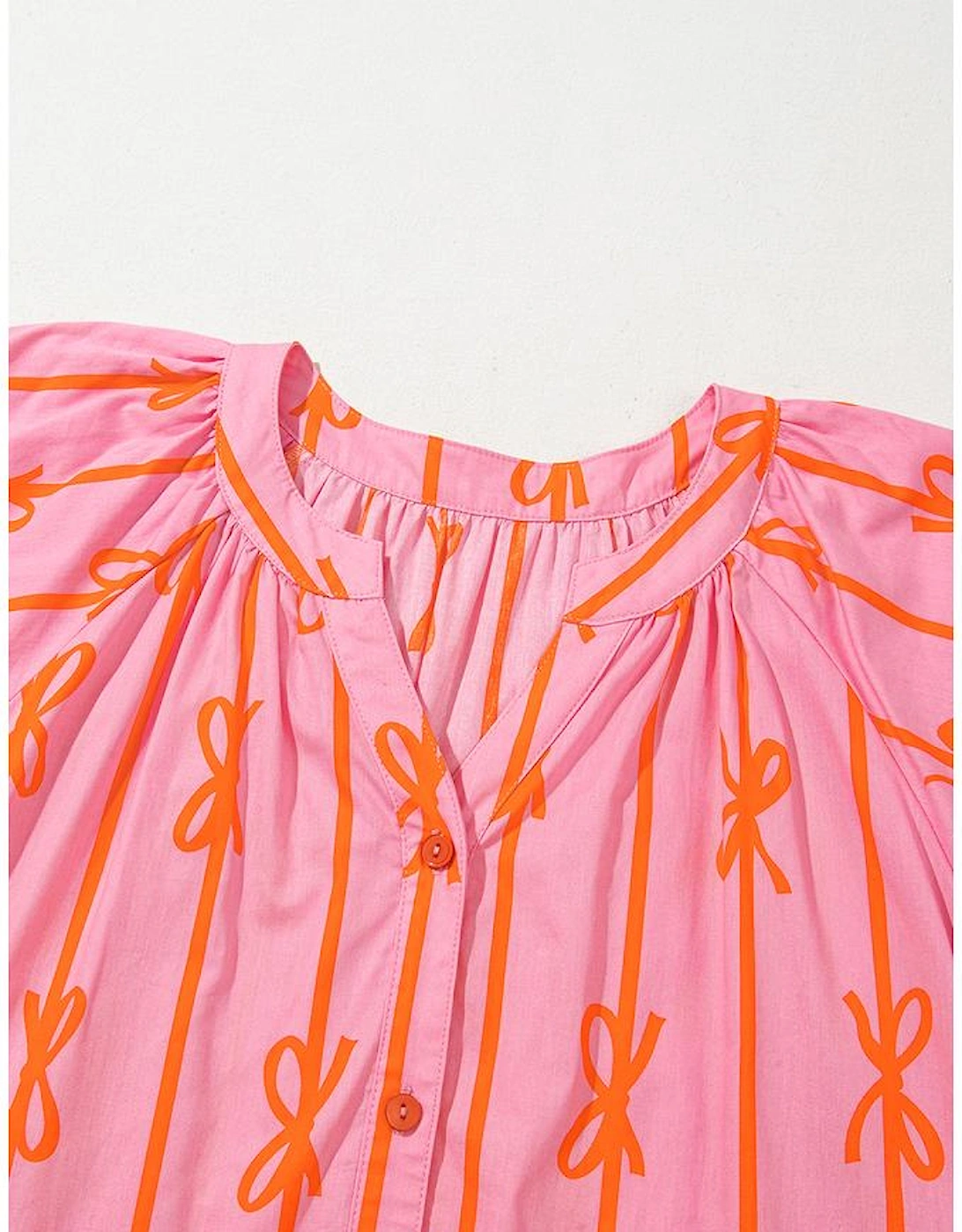 Pink Bowknot Striped Printed Bubble Sleeve Buttoned Belted Mini Dress