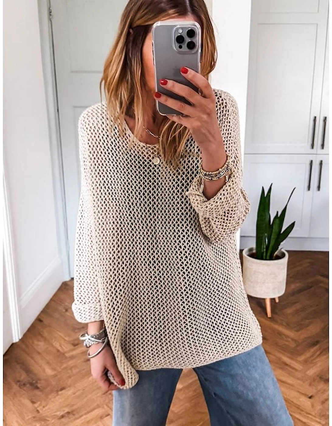 Smoke Gray Crochet Hollow-out Jumper Top Sweater