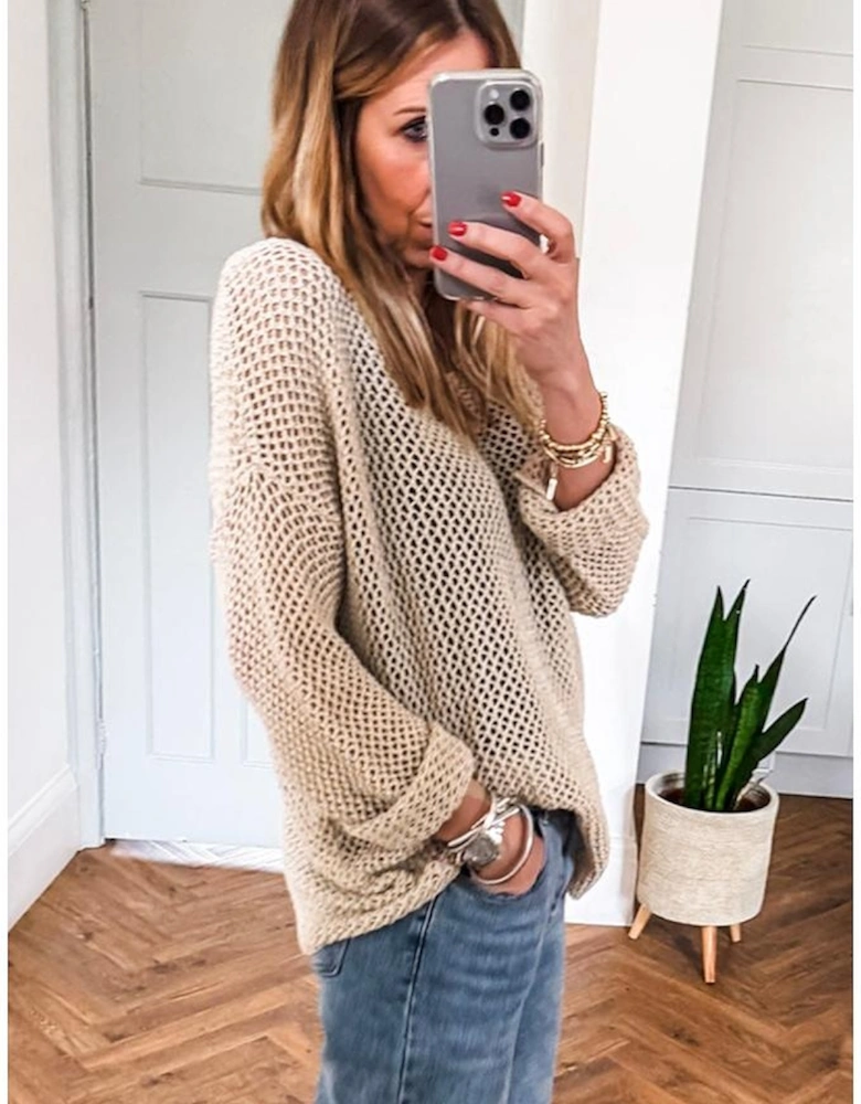Smoke Gray Crochet Hollow-out Jumper Top Sweater