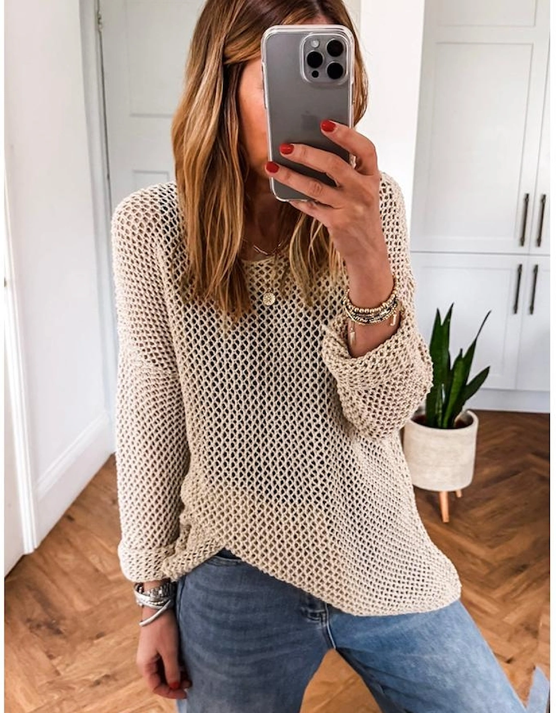 Smoke Gray Crochet Hollow-out Jumper Top Sweater