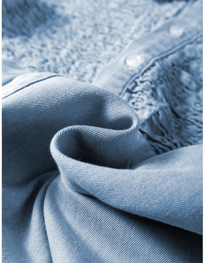 Beau Blue Flutter Sleeve Shirred Detail Button Up Denim Mini Dress