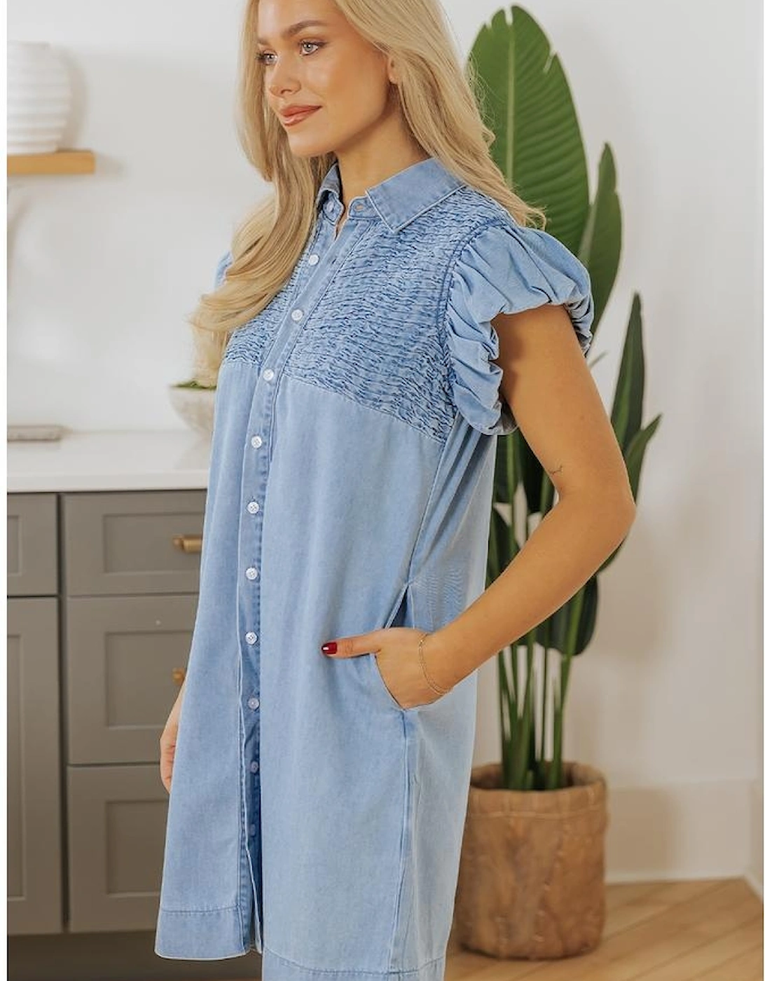Beau Blue Flutter Sleeve Shirred Detail Button Up Denim Mini Dress