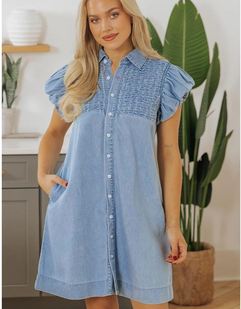 Beau Blue Flutter Sleeve Shirred Detail Button Up Denim Mini Dress