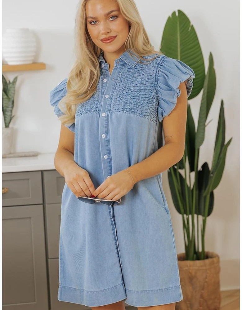 Beau Blue Flutter Sleeve Shirred Detail Button Up Denim Mini Dress
