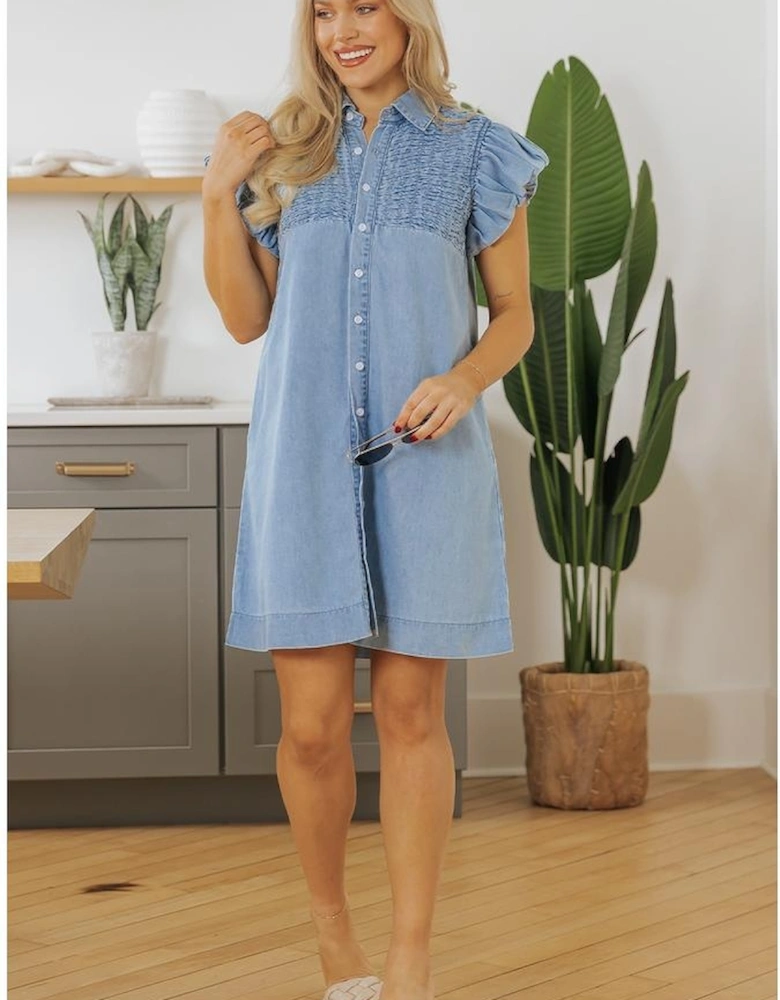 Beau Blue Flutter Sleeve Shirred Detail Button Up Denim Mini Dress