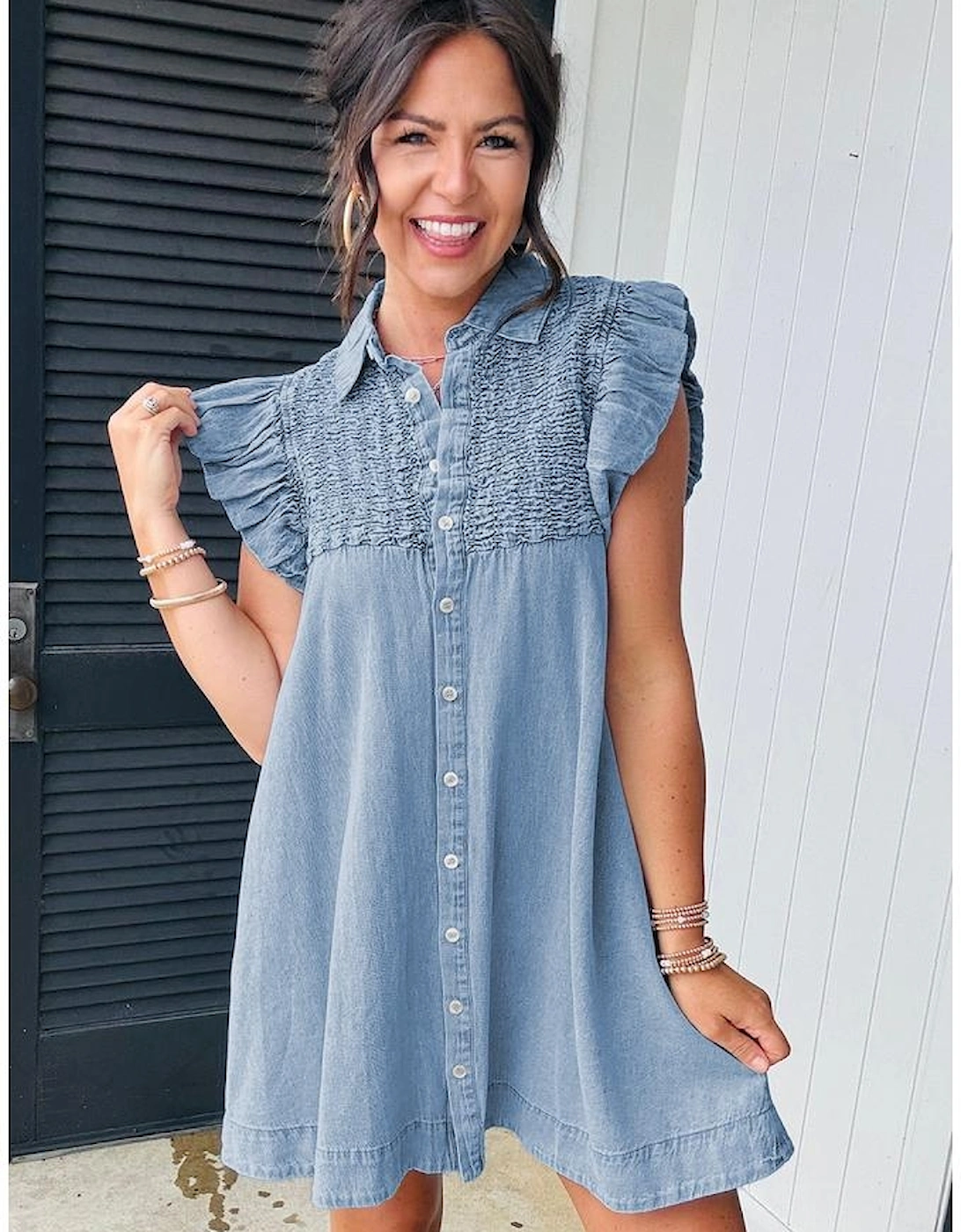 Beau Blue Flutter Sleeve Shirred Detail Button Up Denim Mini Dress