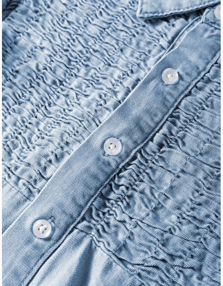 Beau Blue Flutter Sleeve Shirred Detail Button Up Denim Mini Dress