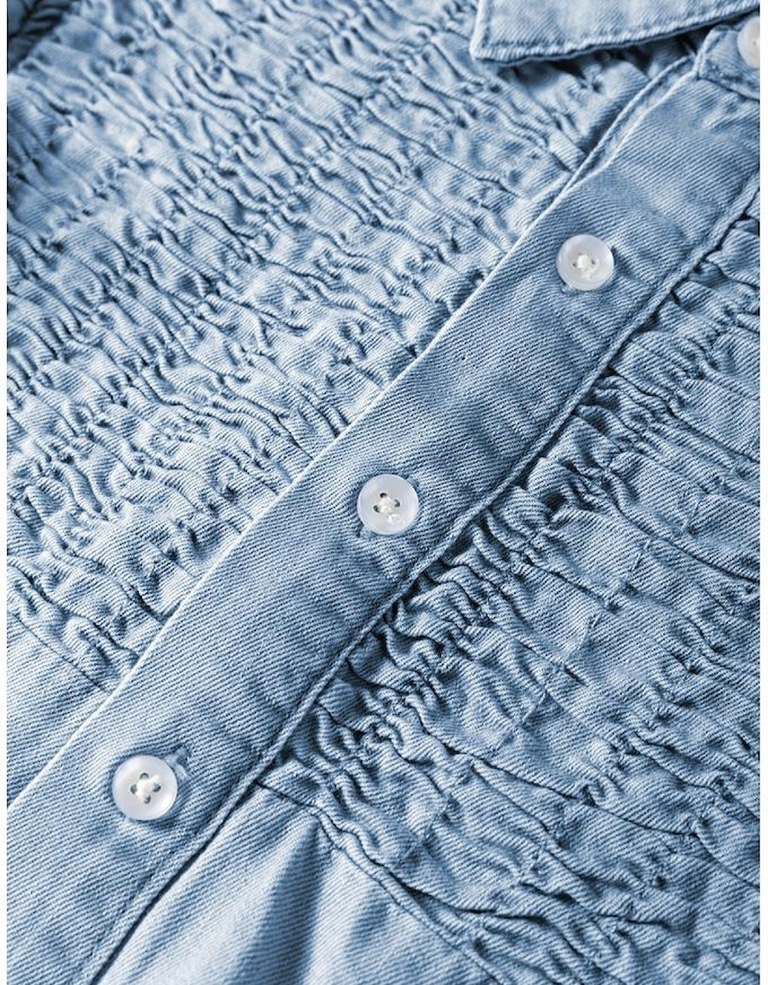 Beau Blue Flutter Sleeve Shirred Detail Button Up Denim Mini Dress