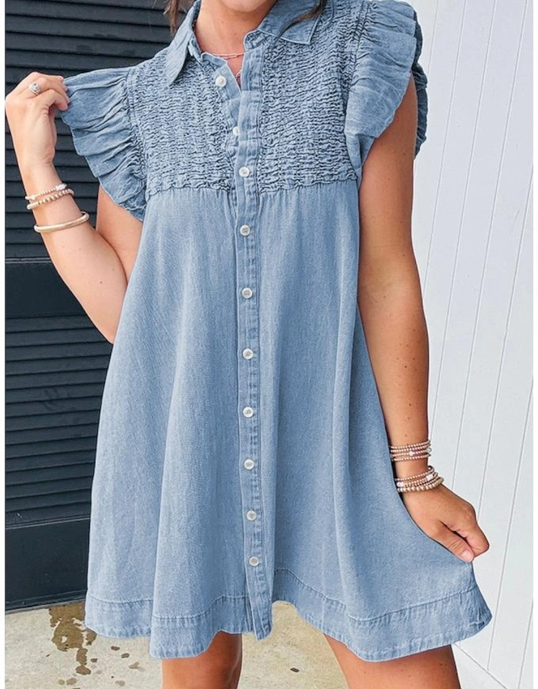 Beau Blue Flutter Sleeve Shirred Detail Button Up Denim Mini Dress