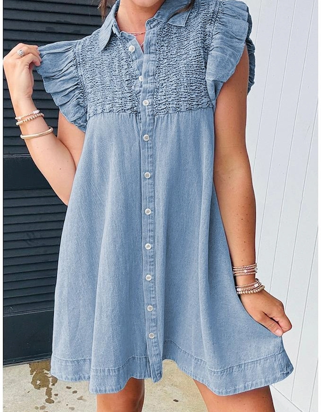 Beau Blue Flutter Sleeve Shirred Detail Button Up Denim Mini Dress