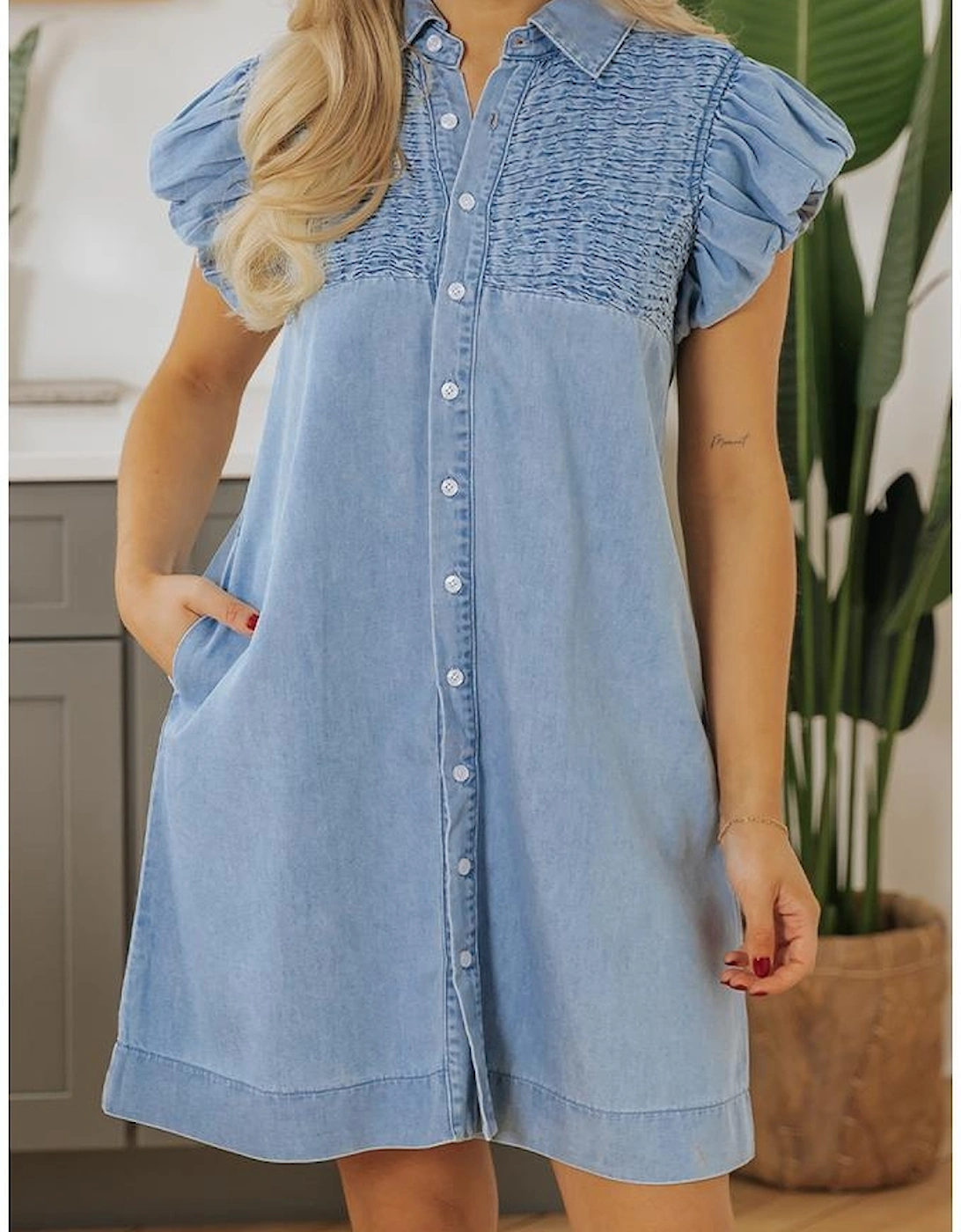 Beau Blue Flutter Sleeve Shirred Detail Button Up Denim Mini Dress