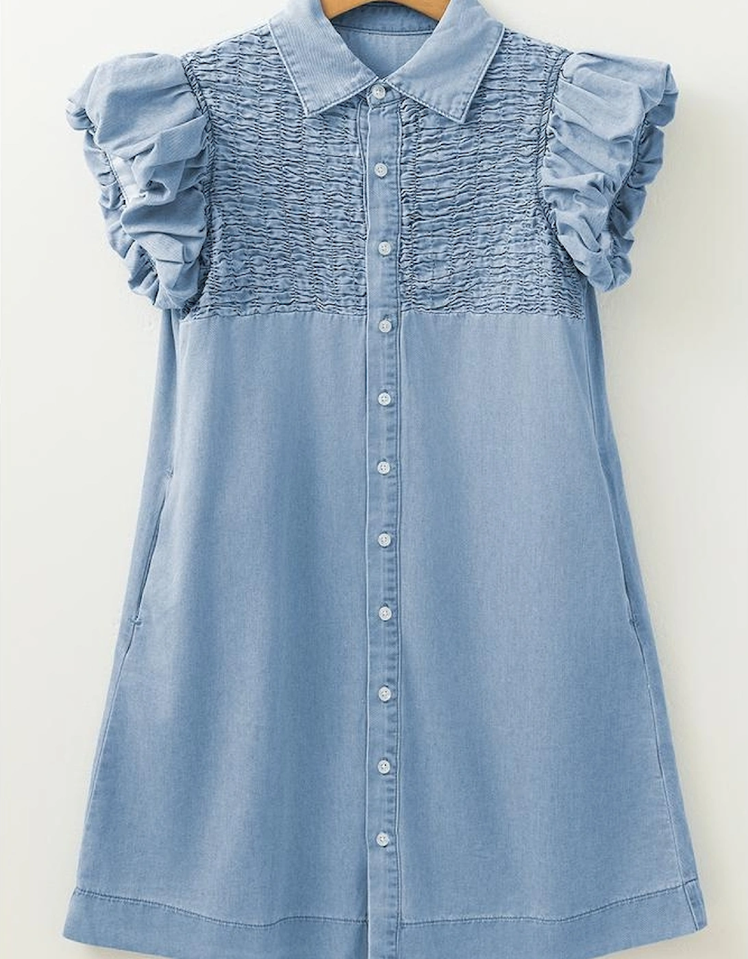 Beau Blue Flutter Sleeve Shirred Detail Button Up Denim Mini Dress
