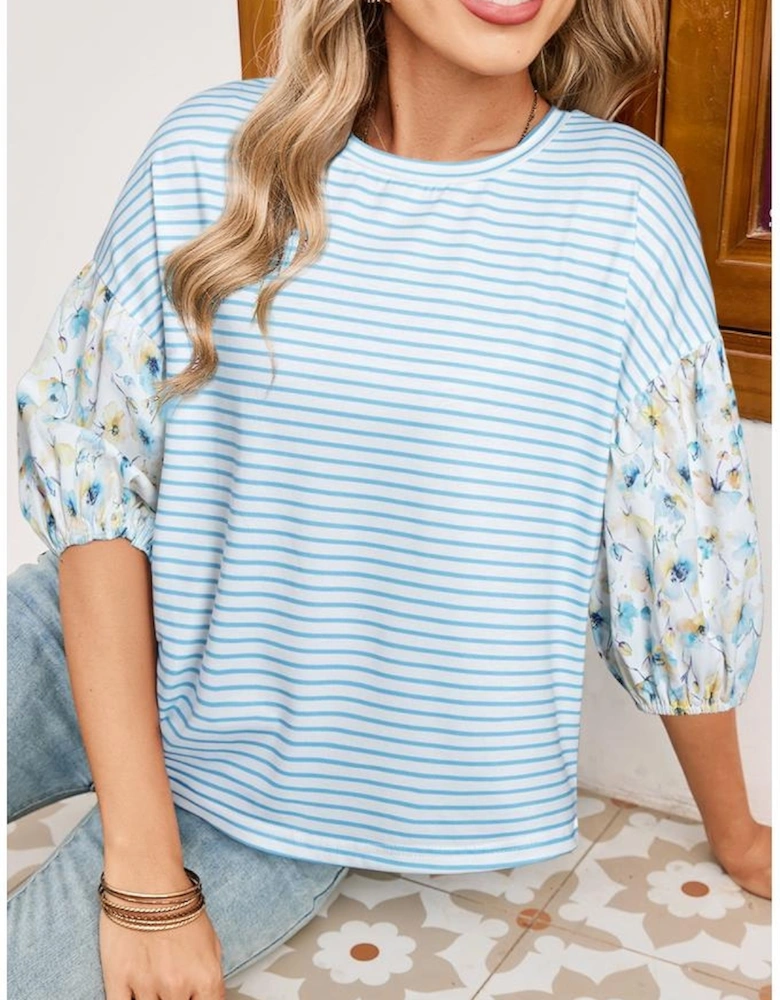 Sky Blue Stripe 3/4 Floral Puff Sleeve Patchwork Drop Shoulder Top
