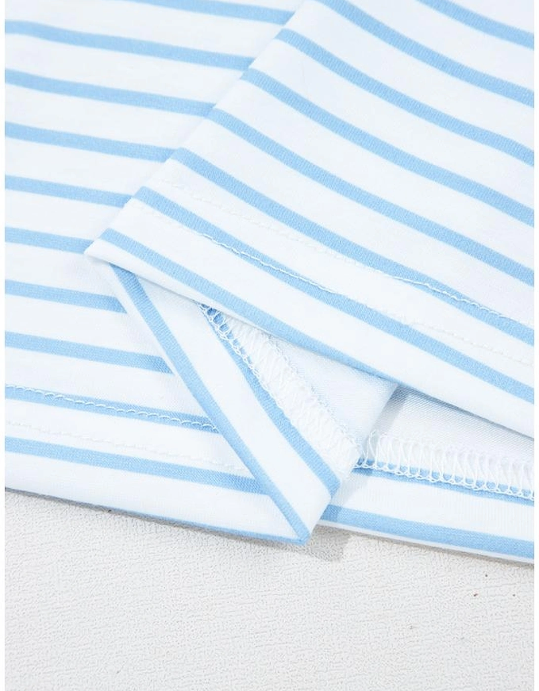 Sky Blue Stripe 3/4 Floral Puff Sleeve Patchwork Drop Shoulder Top