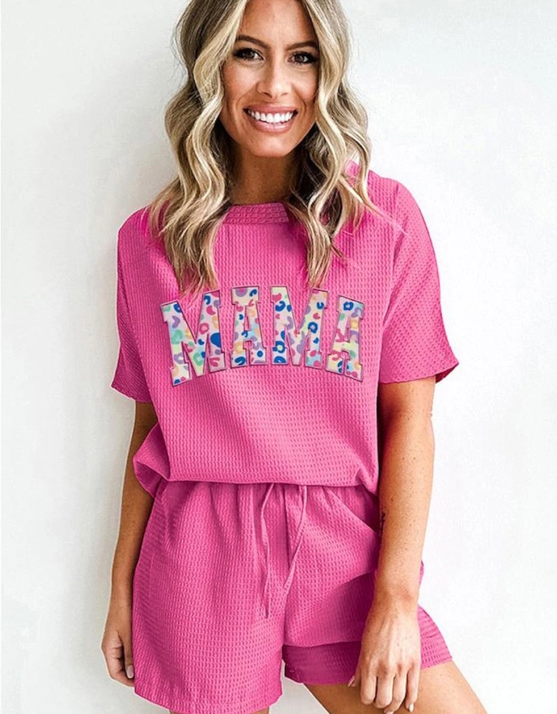 Rose Red MAMA Embroidered Leopard Letters Waffle Short Set