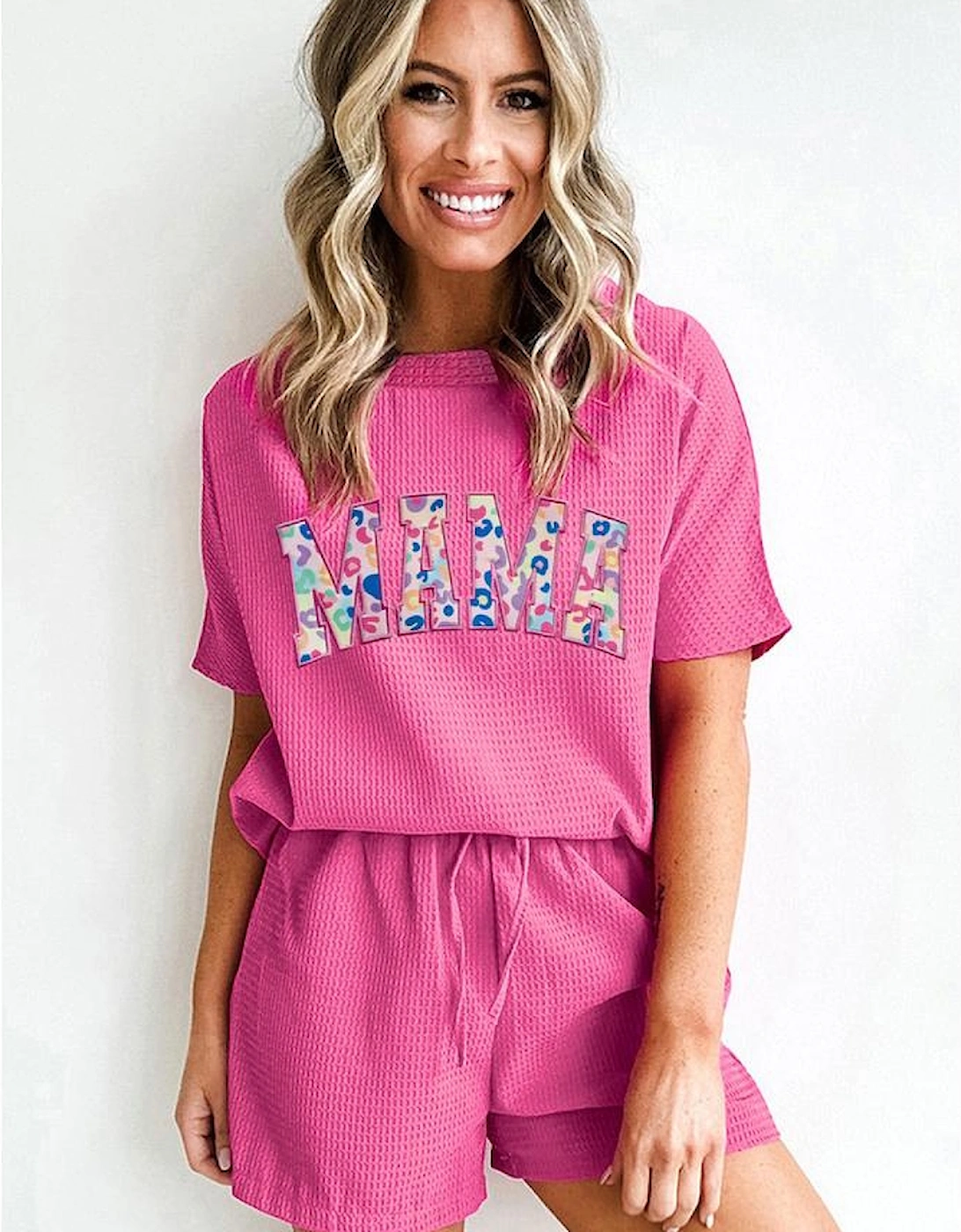 Rose Red MAMA Embroidered Leopard Letters Waffle Short Set
