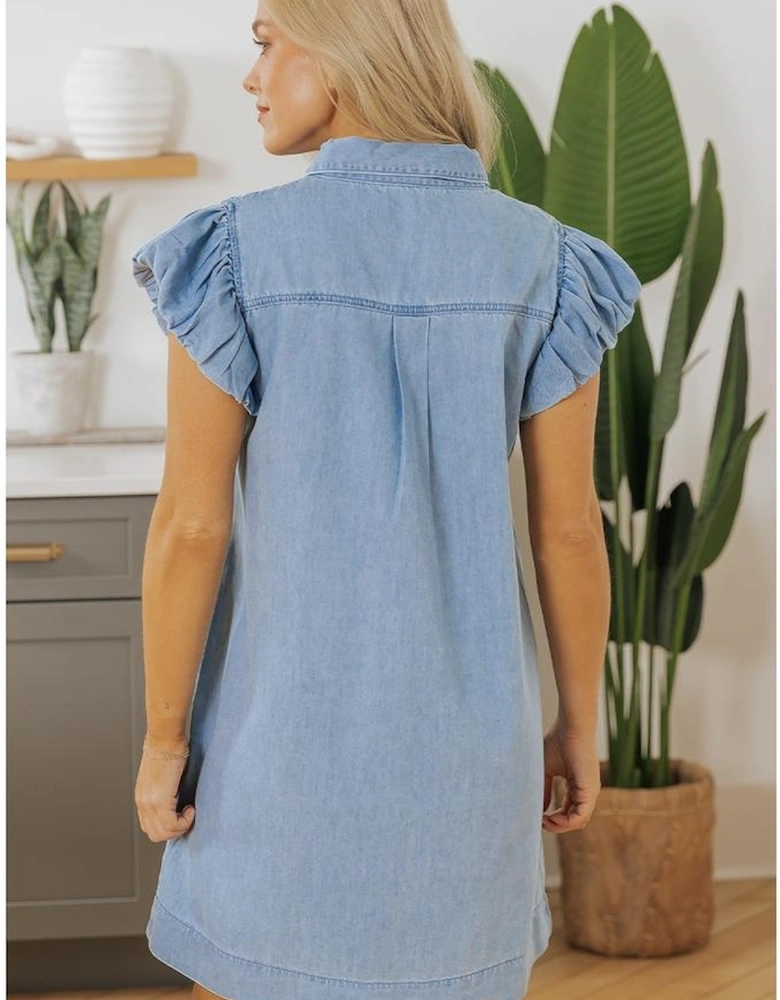 Beau Blue Flutter Sleeve Shirred Detail Button Up Denim Mini Dress