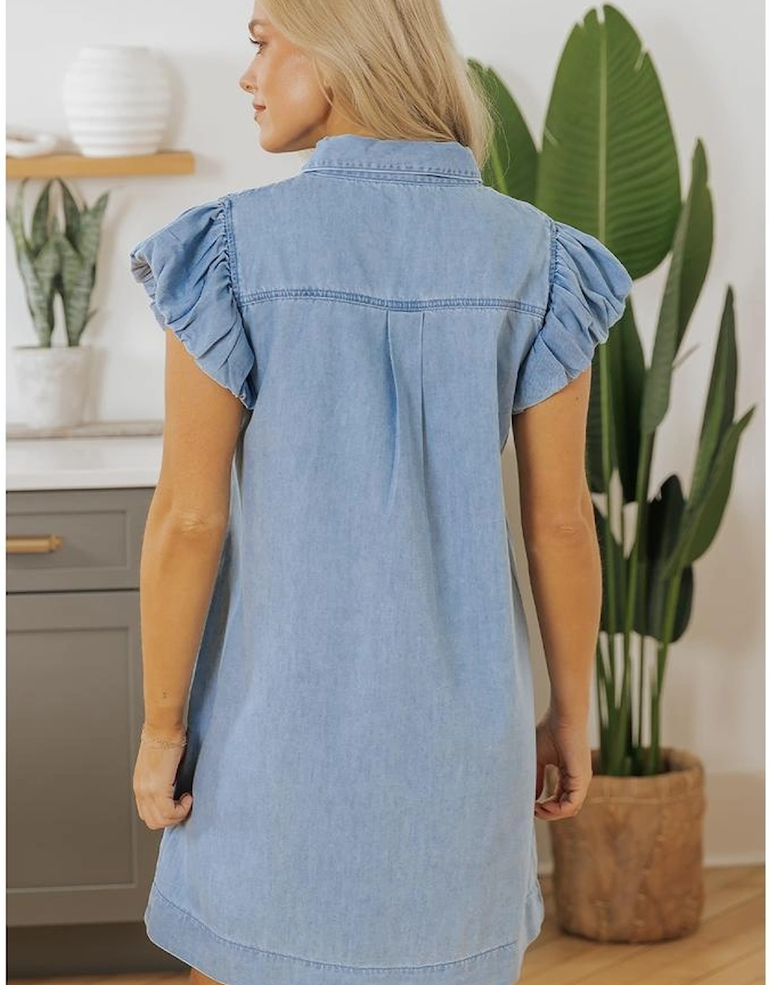 Beau Blue Flutter Sleeve Shirred Detail Button Up Denim Mini Dress
