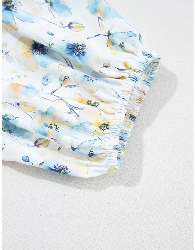 Sky Blue Stripe 3/4 Floral Puff Sleeve Patchwork Drop Shoulder Top