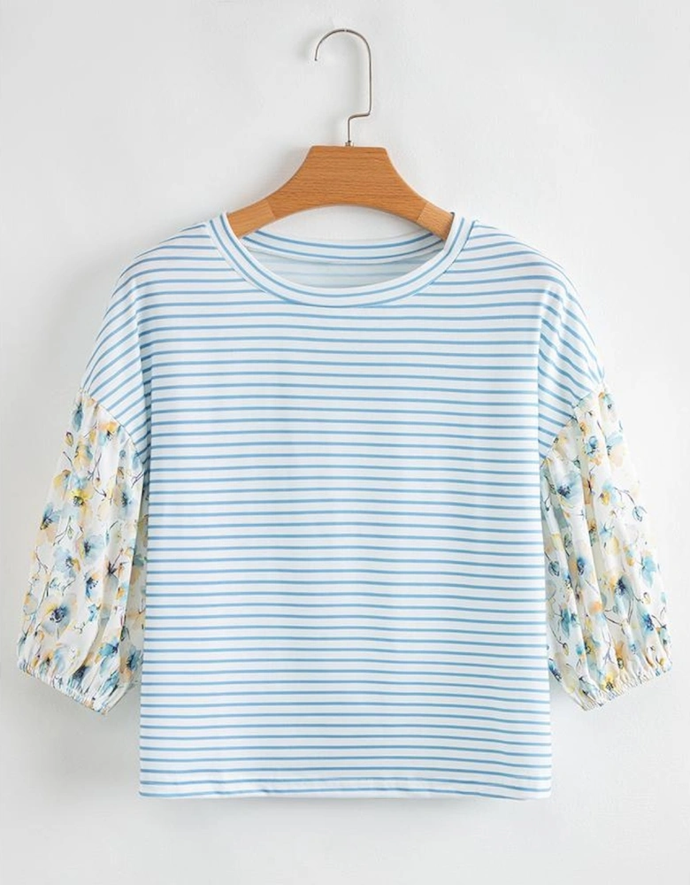 Sky Blue Stripe 3/4 Floral Puff Sleeve Patchwork Drop Shoulder Top