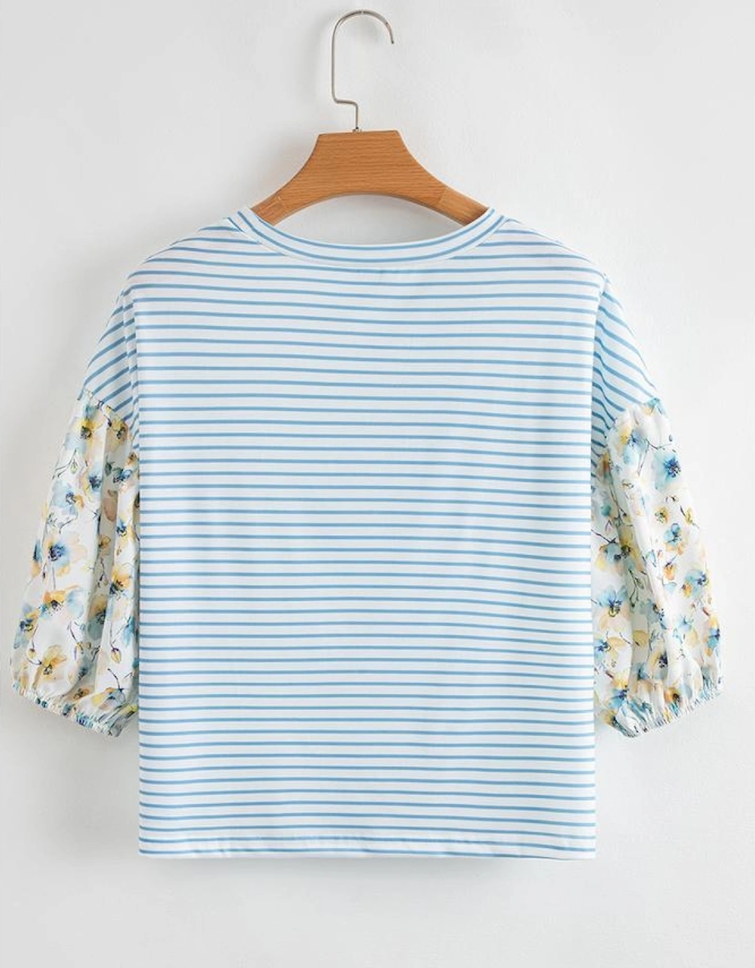 Sky Blue Stripe 3/4 Floral Puff Sleeve Patchwork Drop Shoulder Top