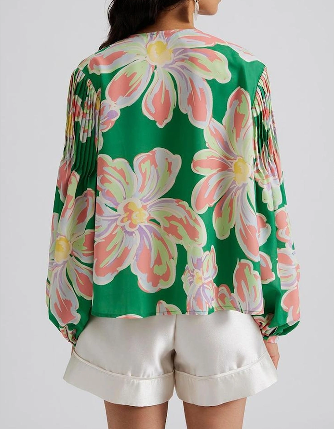 Green Floral Print Button up Pleated Puff Sleeve Loose Shirt