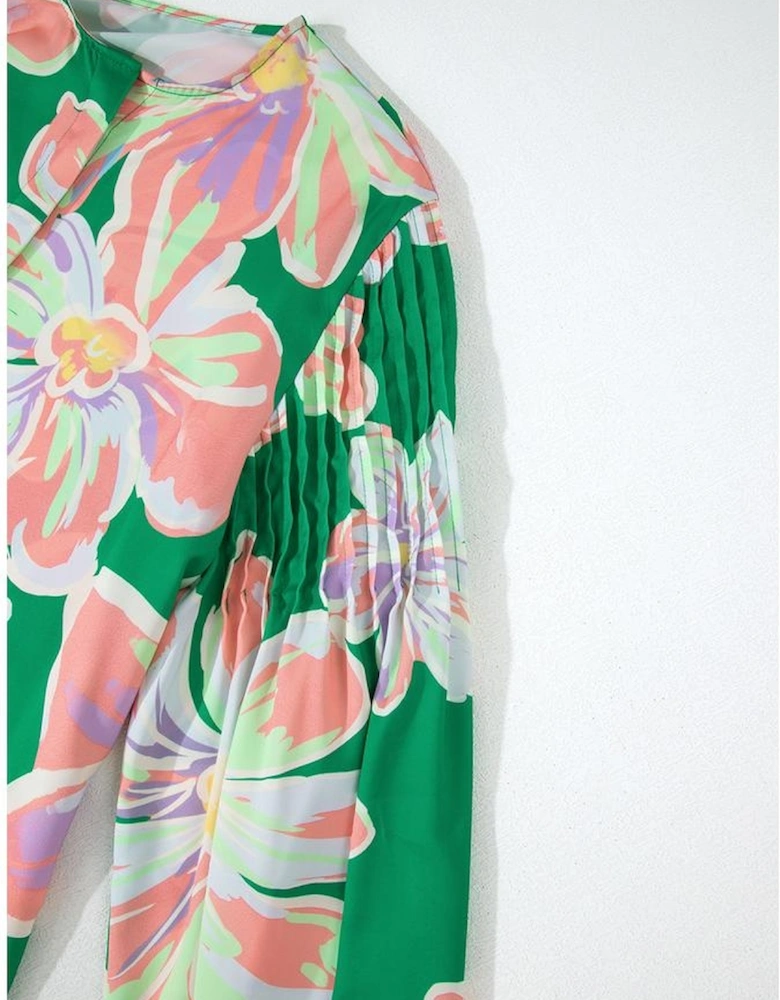 Green Floral Print Button up Pleated Puff Sleeve Loose Shirt