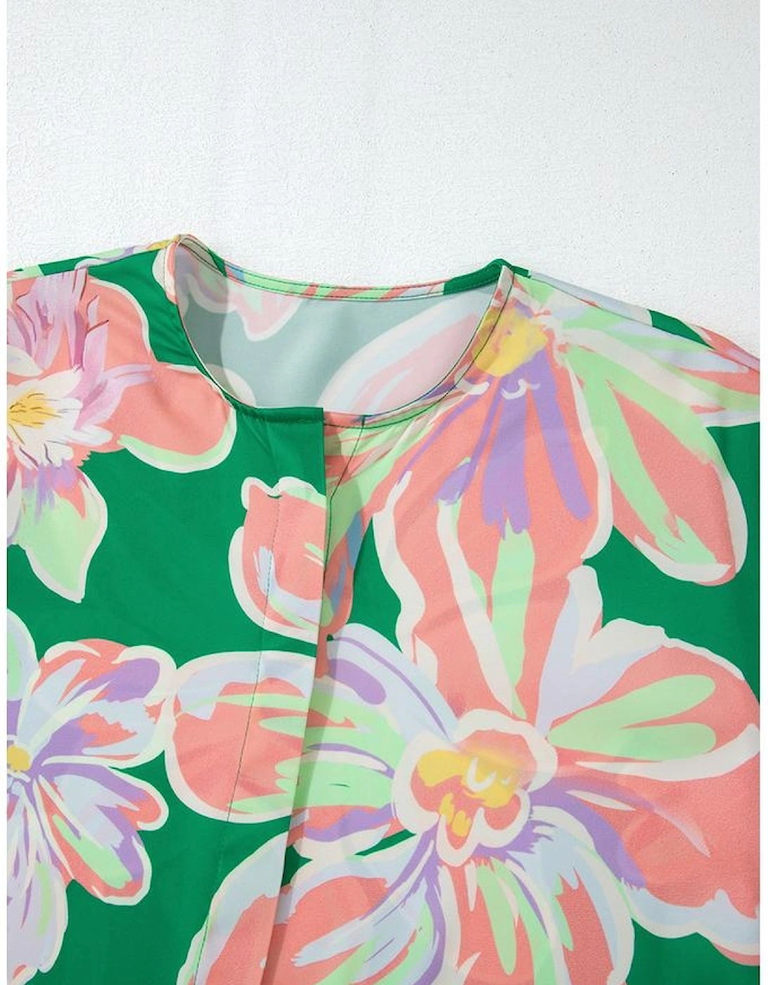 Green Floral Print Button up Pleated Puff Sleeve Loose Shirt