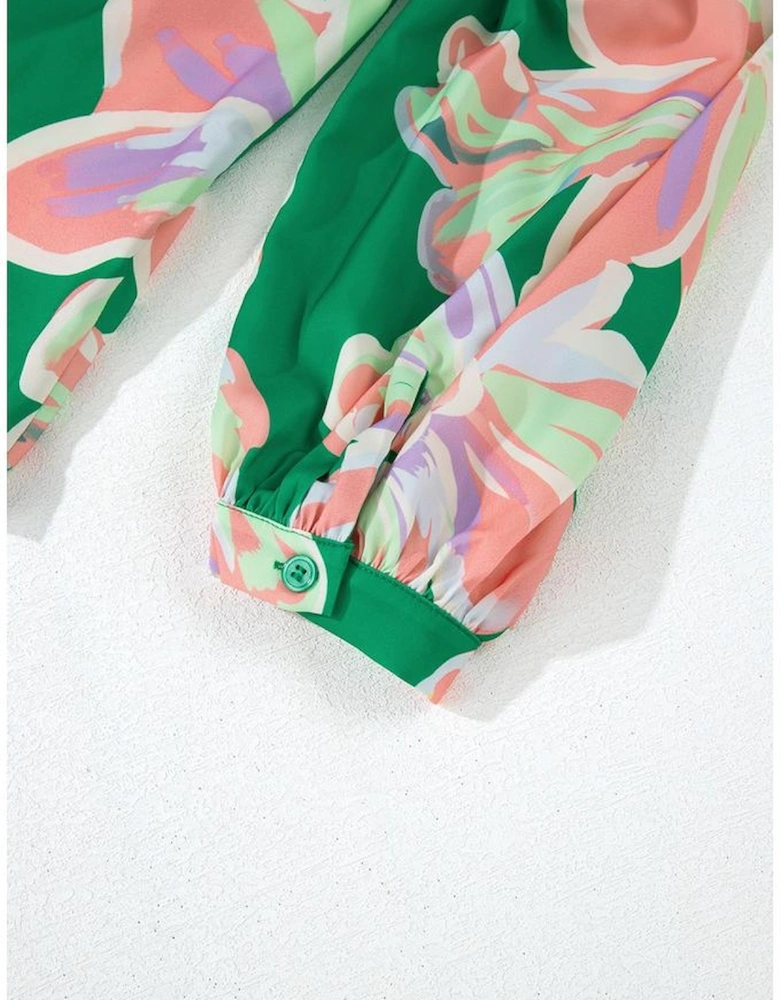 Green Floral Print Button up Pleated Puff Sleeve Loose Shirt