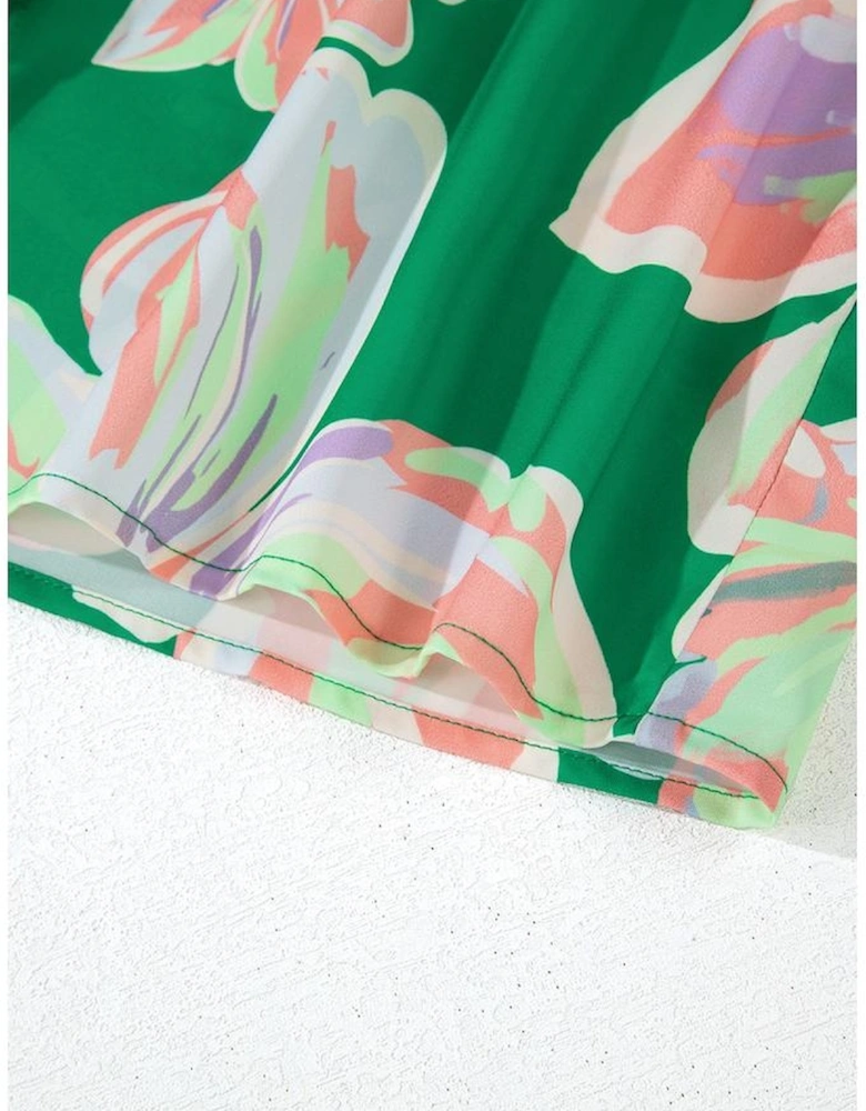 Green Floral Print Button up Pleated Puff Sleeve Loose Shirt