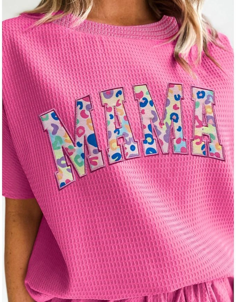 Rose Red MAMA Embroidered Leopard Letters Waffle Short Set
