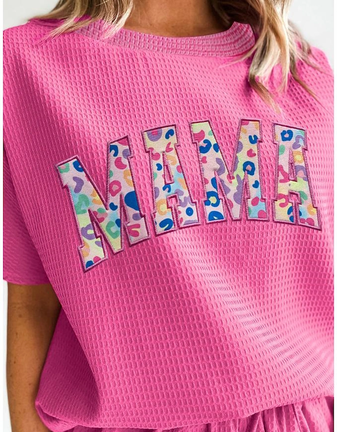 Rose Red MAMA Embroidered Leopard Letters Waffle Short Set