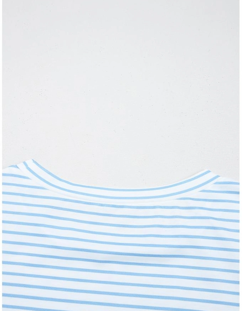 Sky Blue Stripe 3/4 Floral Puff Sleeve Patchwork Drop Shoulder Top