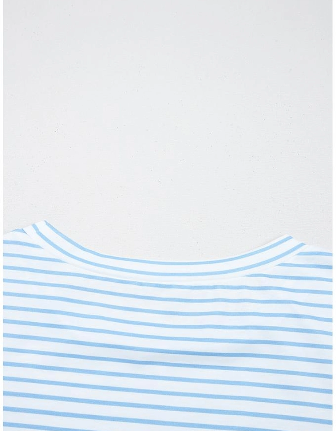 Sky Blue Stripe 3/4 Floral Puff Sleeve Patchwork Drop Shoulder Top