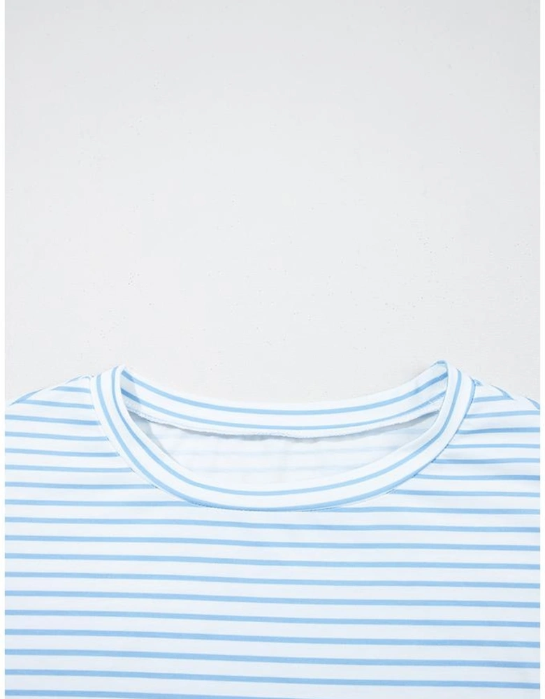 Sky Blue Stripe 3/4 Floral Puff Sleeve Patchwork Drop Shoulder Top