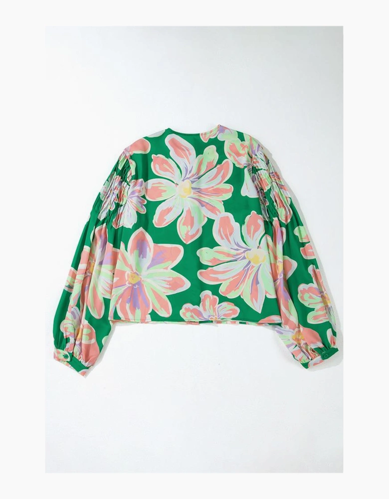 Green Floral Print Button up Pleated Puff Sleeve Loose Shirt