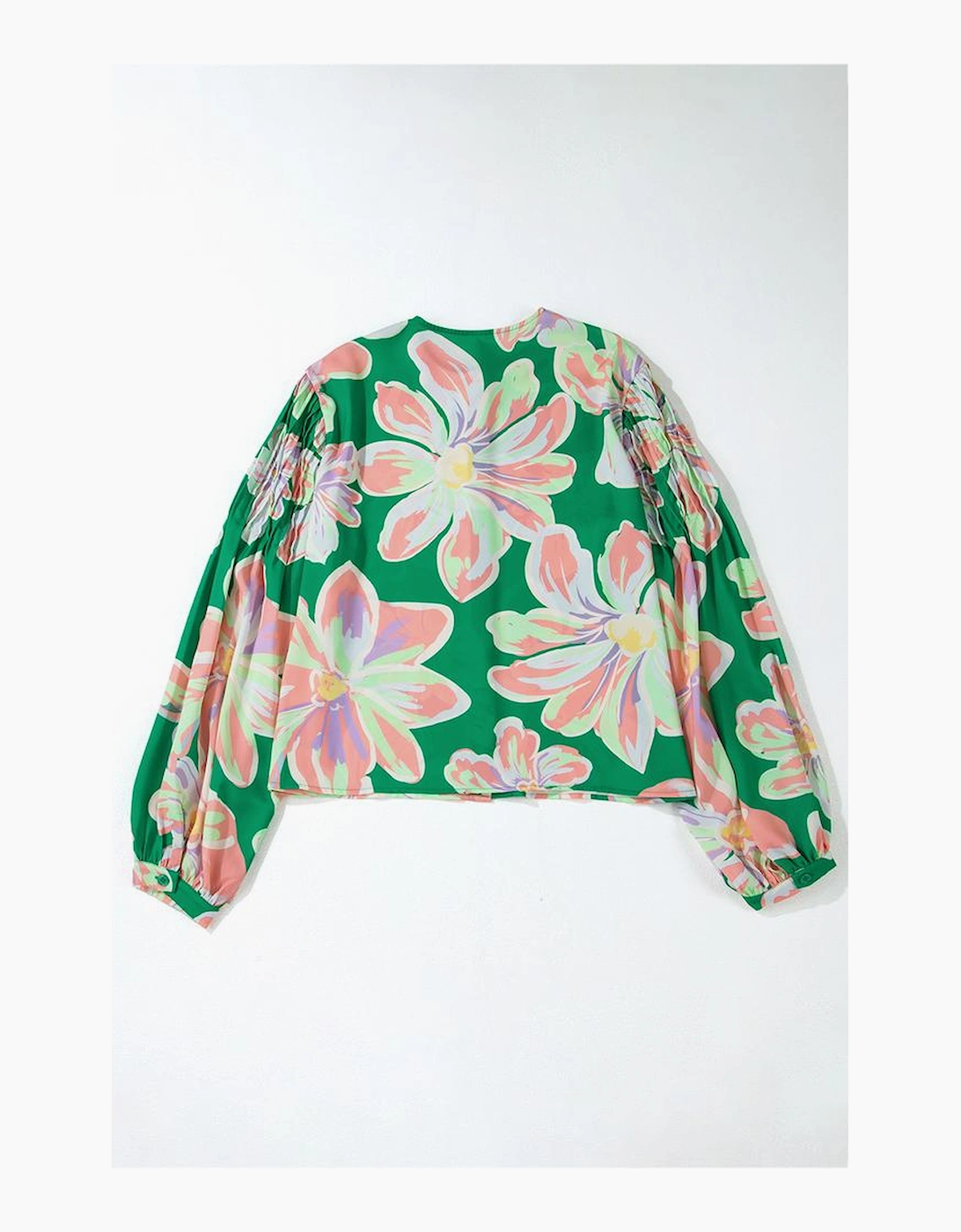 Green Floral Print Button up Pleated Puff Sleeve Loose Shirt