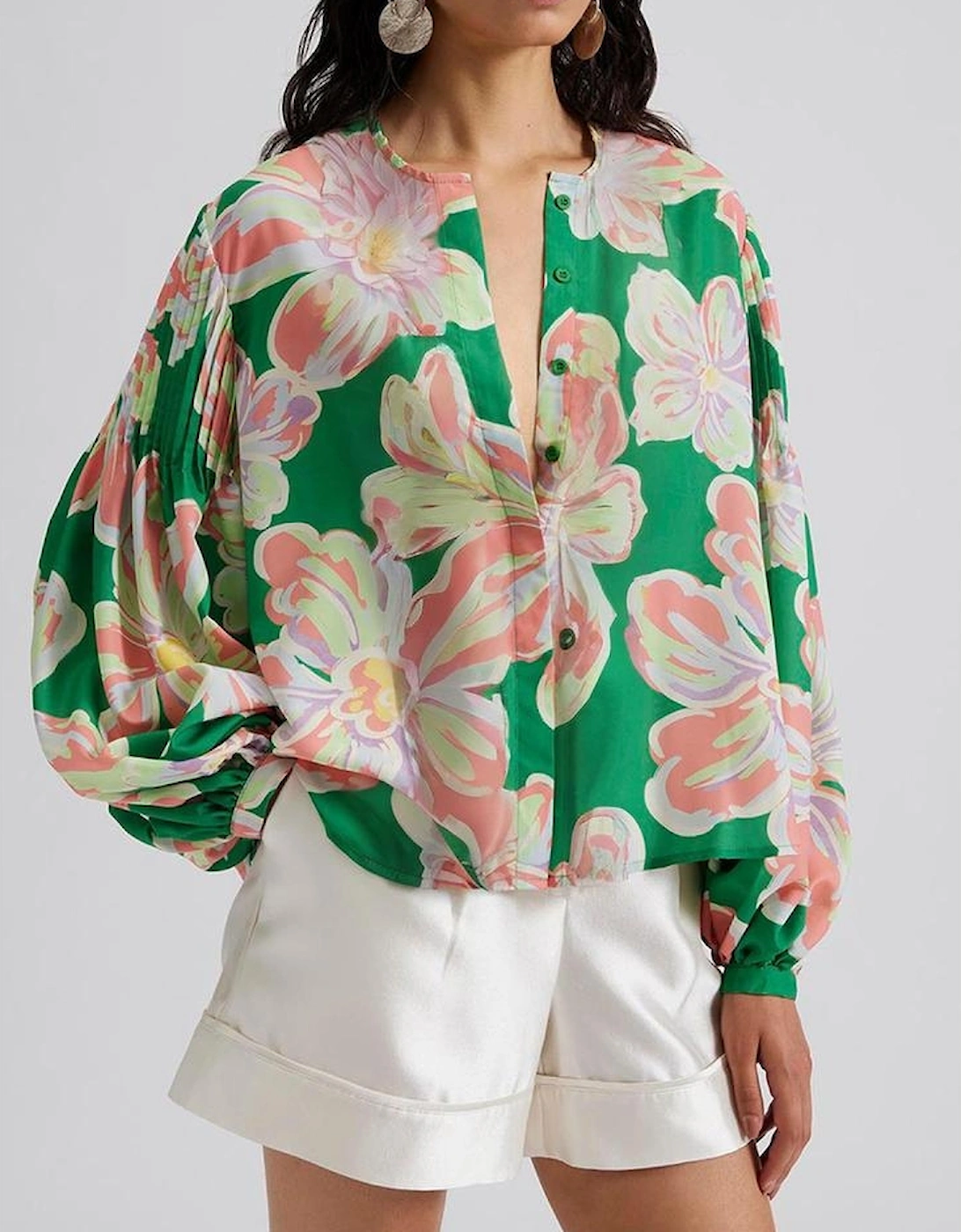 Green Floral Print Button up Pleated Puff Sleeve Loose Shirt