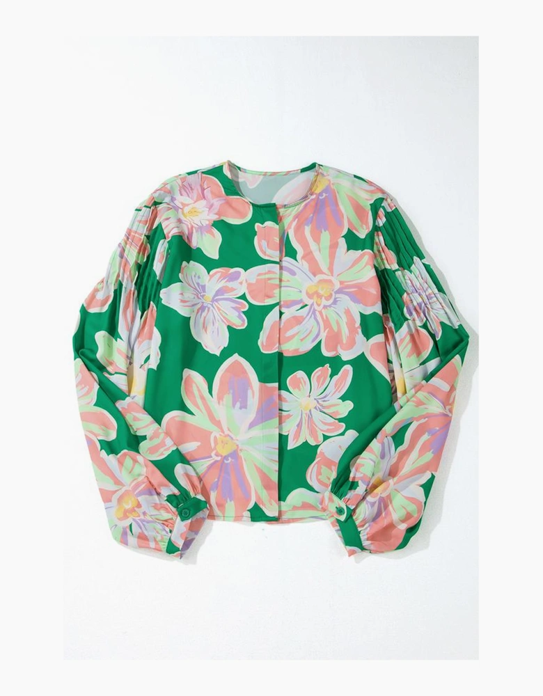 Green Floral Print Button up Pleated Puff Sleeve Loose Shirt