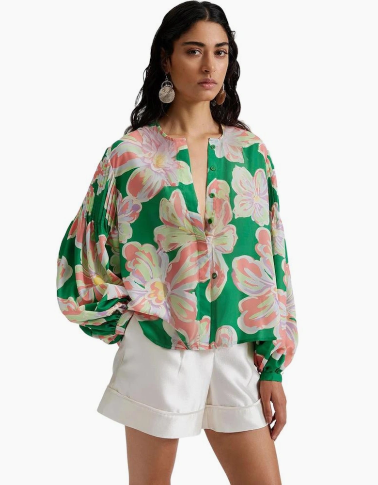 Green Floral Print Button up Pleated Puff Sleeve Loose Shirt