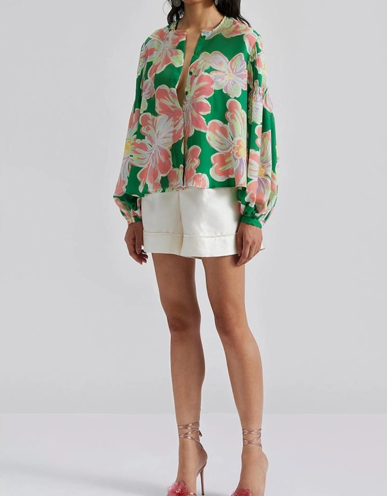 Green Floral Print Button up Pleated Puff Sleeve Loose Shirt