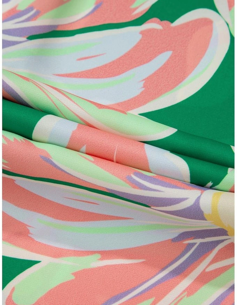 Green Floral Print Button up Pleated Puff Sleeve Loose Shirt