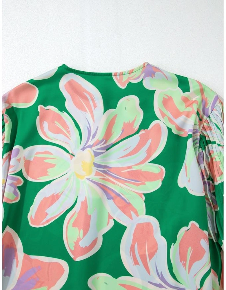 Green Floral Print Button up Pleated Puff Sleeve Loose Shirt
