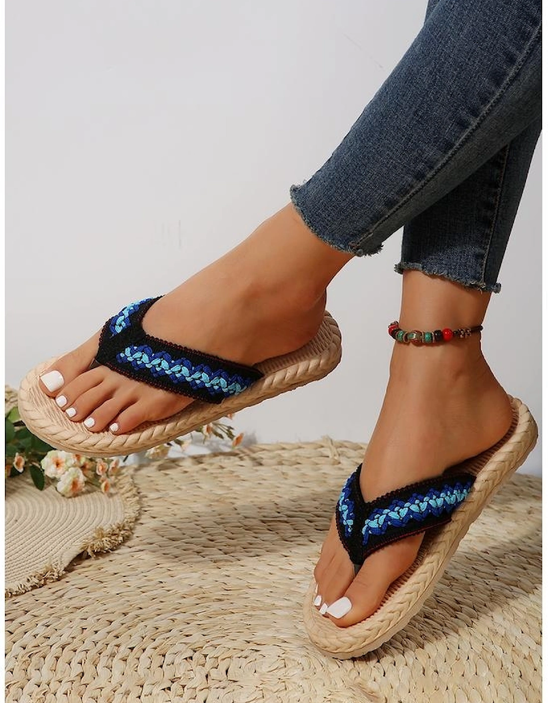 Blue Woven Strap Flat Flip Flops