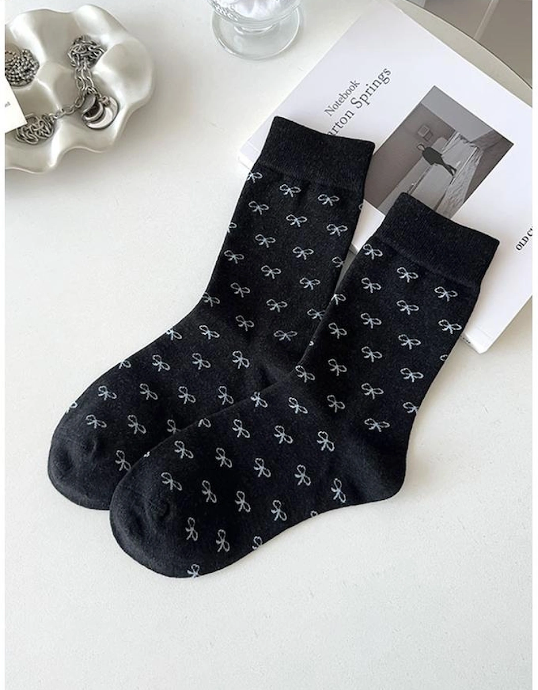 Azura Exchange Black Bow Knots Ribbed Edge Crew Socks
