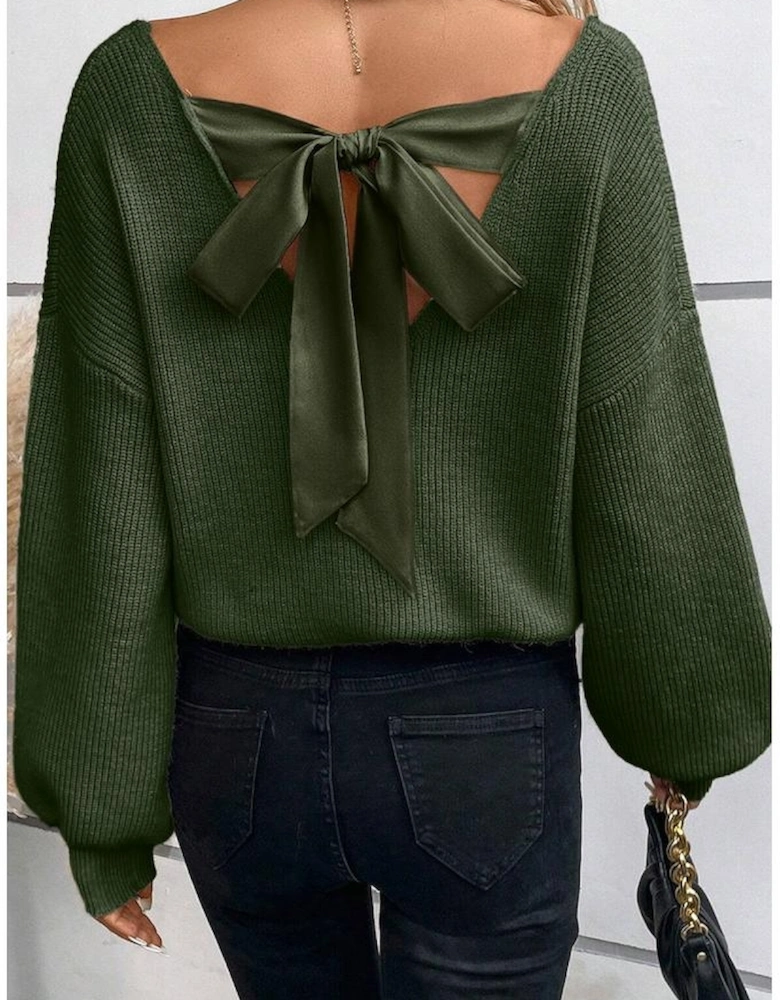 Jungle Green Lantern Sleeve V Neck Knot Back Sweater