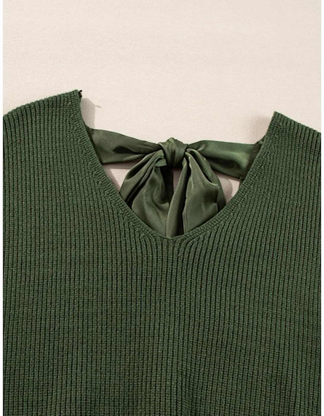 Jungle Green Lantern Sleeve V Neck Knot Back Sweater