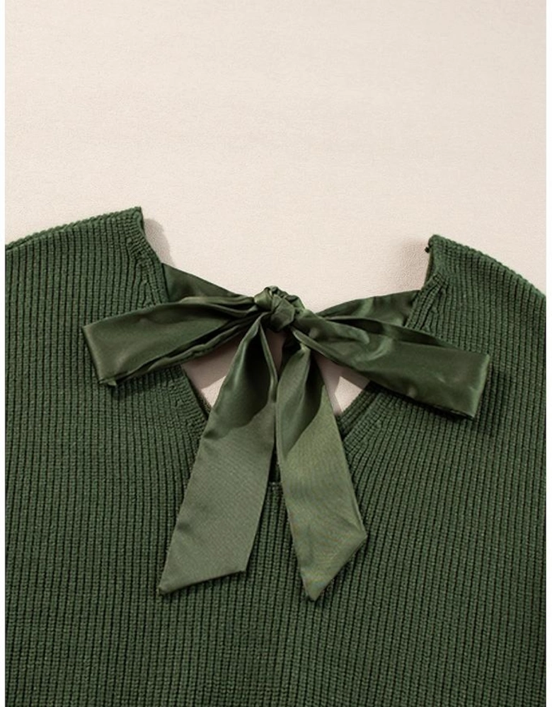 Jungle Green Lantern Sleeve V Neck Knot Back Sweater